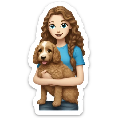white girl with long brown hair and blue eyes holding a golden doodle puppy  sticker