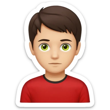 A portrait of a 14-year-old boy, he's got dark-brown hair, light brownish skin and green hazel eyes. he's wearing a red t-sirt with yellow sleeves. sticker