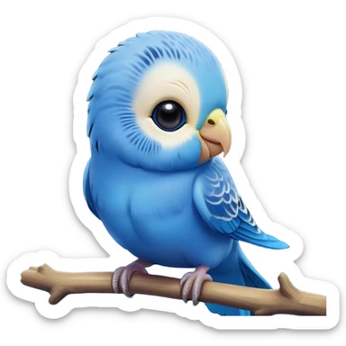 Cinematic Cute Blue Budgie Portrait Emoji, Head tilted playfully and inquisitively, featuring a brilliant blue feathered fur with a natural sheen, round, sparkling dark eyes filled with curiosity, Simplified yet irresistibly adorable features, highly detailed, glowing with a warm, friendly glow, high shine, affectionate and lively, stylized with a touch of whimsy, bright and endearing, soft glowing outline, capturing the essence of a mischievous yet loving budgie, so playful it feels like it could chirp out of the screen and into your arms! sticker