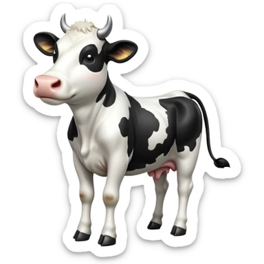 cinematic-[cow]-realistic-full-body-standing-emoji,-tail-flicking-lazily,-head-tilted-dramatically,-sleek-[black and white]-fur,-simplified-yet-realistic-focused-features,-highly-detailed,-glowing-with-an-almost-sarcastic-glow sticker