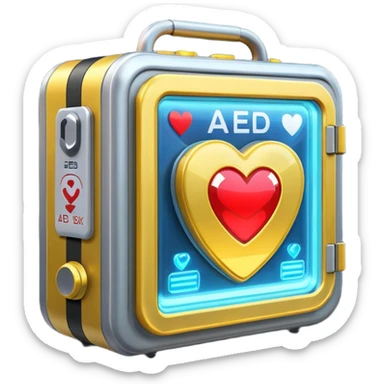 sci-fi AED box, glowing, sparkling, with layered panels and lights, emoji style sticker
