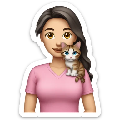 White woman with blue eyes and long dark hair wearing a pink shirt and holding a tabby cat sticker