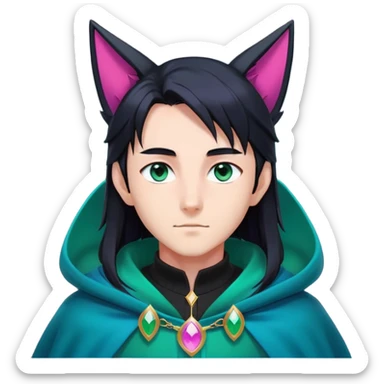 anime man with long-straight-dark-black hair, long black fox ears with pink Scapha, colorful-gradient-brown-turquoise eyes, gold earring, dark-blue-sweater, green cape, white pupils sticker