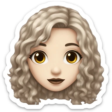 goth girl with long wavy dark brown hair, almond shaped hazel eyes light skin with blush  sticker