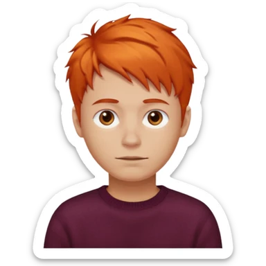 A guy with orange hair, short and messy, dark brown eyes, with a burgundy sweater sticker