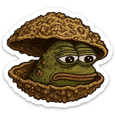 Add more crust details to the crusty clam in the style of green bufo frog meme, keep the bufo frog meme style, no background. sticker