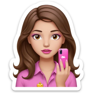 girl with long wavy brown hair, brown eyes, light to medium complexion, in a pink shirt, pink lips, long lashes, puckered lips, showing off a pink manicure sticker
