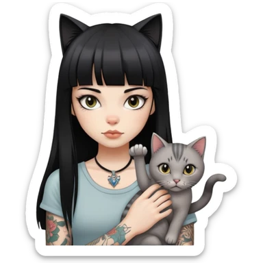 girl with long black  straight bangs hair and tattoos and a light grey-shared cat sticker