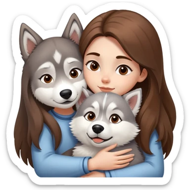 Girl with Brown long hair make a hug to a husky white and Just Little grey  sticker