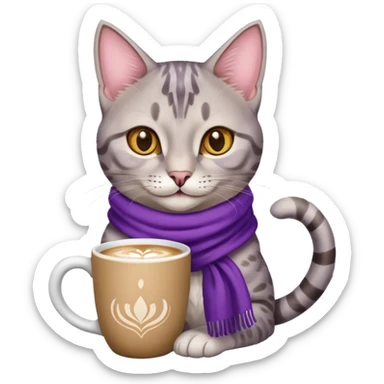 Happy Egyptian Mau Cat with purple scarf holding in its front two paws a hot latte in a white mug sticker