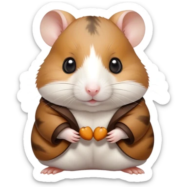 Cinematic Noble Brown and White Banded Hamster Portrait Emoji, Poised and regal, with a tiny, compact build and a uniquely patterned coat of warm brown and crisp white bands, deep-set soulful dark eyes, Simplified yet sharp and sophisticated features, highly detailed, glowing with a soft, dignified glow, high shine, intelligent and charming, stylized with an air of distinctive elegance, focused and attentive, soft glowing outline, capturing the essence of a watchful and confident rodent, so majestic it feels as though it could scurry out of the screen with effortless authority! sticker