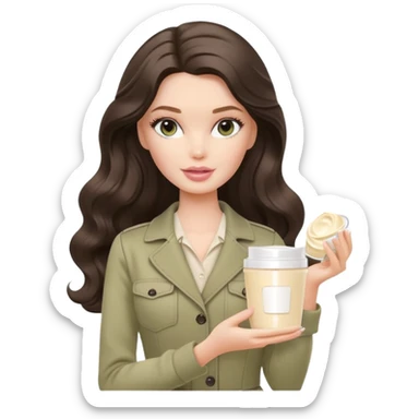 A white Barbie girl with long dark brown wavy hair in pale olive clothes holds Pale beige cosmetic cream pot sticker