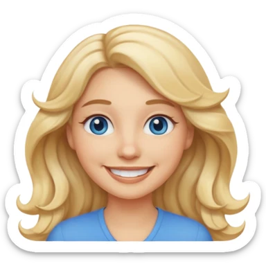 Create a custom emoji-style character inspired by a smiling woman with long, wavy blonde hair, light skin tone, and blue eyes. Emphasize a friendly, approachable expression with a bright smile and soft features. sticker