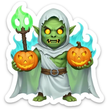male orc warrior ghost emoji, green skin, tusks, wearing torn white ghost sheet costume, holding glowing jack-o'-lantern, faint blue aura, friendly but spooky expression, Halloween fantasy theme, Apple emoji style, clean white background, square sticker