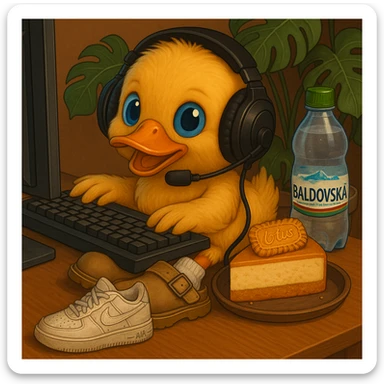 Add a monstera plant in the background. Place old white Air Force sneakers on the ground. Keep the duck with blue eyes playing games on a computer, wearing a headset, white socks, beige Dr. Martens Jorge slippers, drinking Baldovská mineral water, and eating a Lotus cheesecake. Maintain the original style and details from the reference image. sticker