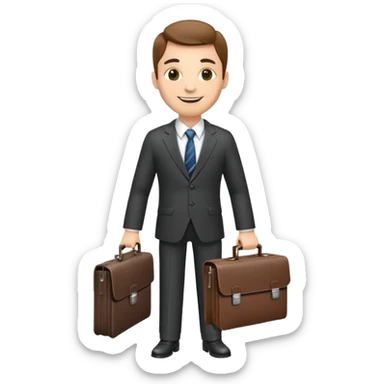 classic salesman with a suit and tie, smiling, holding a briefcase sticker