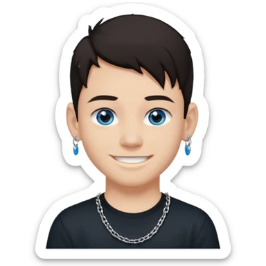 Un chico de pelo negro y ojos azules sonriendo levemente con una camiseta negra y una cadena de plata, tiene un piercing en el labio labret lateral un pendiente en la oreja izquierda y otro en la derecha con dos piercing arriba en el cartílago sticker