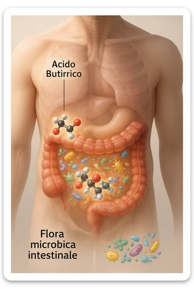 Realistic, vertical 3D medical illustration showing a semi-transparent human torso with a detailed view of the digestive tract, focusing on the large intestine. Inside the colon, glowing 3D molecules of butyric acid (acido butirrico) are visible, depicted as ball-and-stick models (carbon: black/gray, hydrogen: white, oxygen: red). Around the molecules, clusters of diverse, friendly-looking gut bacteria are shown, interacting positively with the butyric acid. The intestinal wall appears healthy and vibrant, with subtle highlights indicating improved gut health. The background is clean and softly lit, with clear educational labels such as “Acido Butirrico” and “Flora microbica intestinale.” The overall mood is scientific, modern, and supportive of gut wellness. sticker