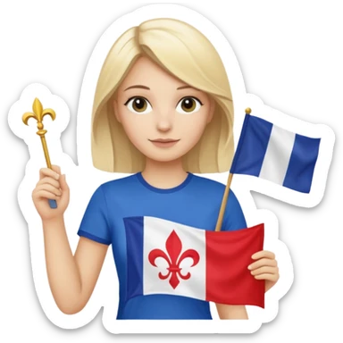 White woman with blonde hair holding a French flag in hand with a fleur-de-lily t-shirt sticker
