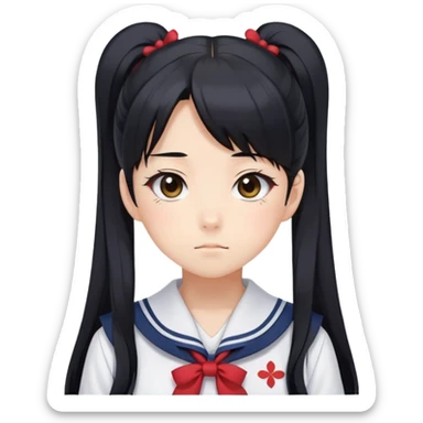 Serious anime girl with long black hair in high ponytail wearing Japanese sailor style school uniform, stern expression, kawaii style sticker