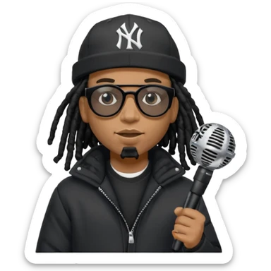 African American man with shoulder length black dreadlocks wearing black sunglasses with black bubble winter coat wearing black New York Yankees baseball hat rapping into a microphone sticker