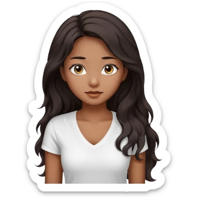 iOS style emoji. A girl with very long dark brown wavy hair. And the eyes color is dark brown. And she is wearing white t shirt with V kneck. And she is 30. She is Asian with double eyelids  sticker