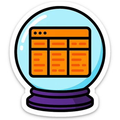 Enhance the crystal ball to be brighter with a strong glass effect. Inside the ball, replace the code with a glowing, unreadable table featuring rows and columns. The table should have orange text and lines, but not resemble code, maintaining a mysterious, digital hacker theme vibe. sticker