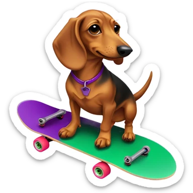 Brown and tan dachund on a green skateboard with purple flames  sticker