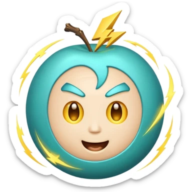 Uranus emoji in Apple-style, blue-green planet with rings, a big, excited, and playful face, and a single prominent yellow lightning bolt in front, radiating chaotic and electric energy. sticker