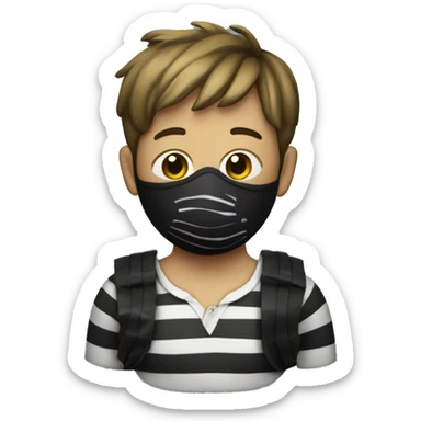 A boy with a striped shirt and a black mask and a money bag sticker