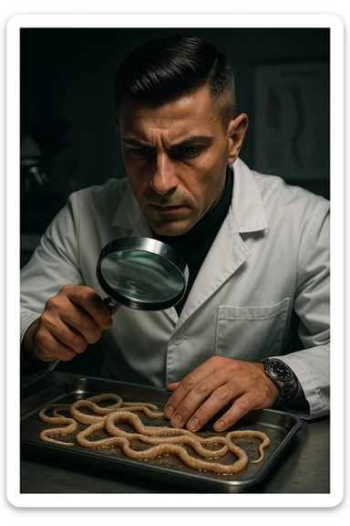 A middle-aged male kinesiologist wearing a pristine white lab coat, intensely analyzing long, beige tapeworms (like Taenia) under a magnifying glass. His expression is focused and slightly concerned, with dramatic studio lighting casting sharp shadows. The parasites are highly detailed, moist, and textured, stretched across a sterile metal tray. The background is blurred but suggests a clinical environment—hints of a microscope, medical charts, and clean lab equipment. The style is hyper-realistic, with a cinematic contrast between the bright white coat and the grotesque, organic forms of the parasites. No sci-fi elements, just raw medical realism with a disturbing edge sticker
