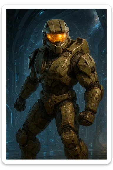 Master Chief, Halo series, visor glowing, battle-worn armor, standing ready, sci-fi background sticker
