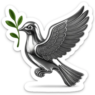 Make the branch in the pigeon's beak green while keeping the rest of the image in chrome style, no background. sticker