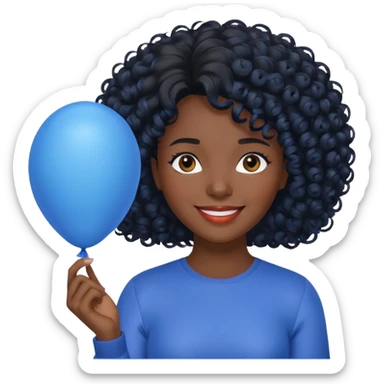 woman with curly black hair and dark face, holding blue balloon sticker