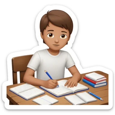 un niño escribiendo en un cuaderno en una mesa con muchas hojas y cuadernos al lado. sticker