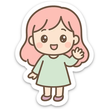 Make the character wave her hand and smile, keeping the kawaii chibi anime style with flat pastel colors, thick outlines, and simple cute features. Ensure the background is transparent. sticker