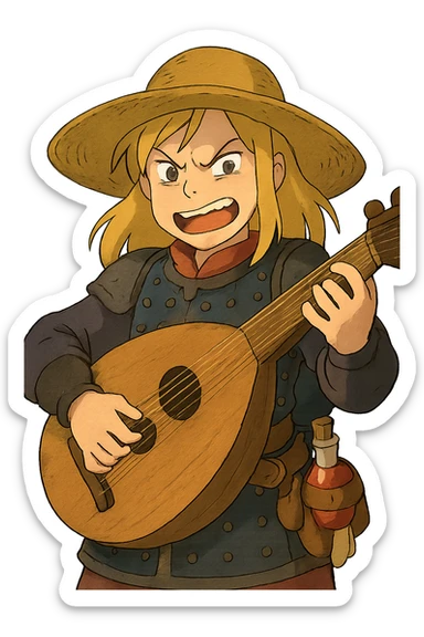A female bard , blond hair, wearing brigandine armor with a sturdy straw hat, playing a fat medieval lute and singing, night time shadows, tool belt with red potion and bandages, portrait , mischievous grin, anger sticker