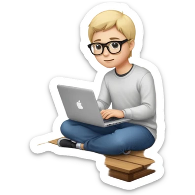coder with glasses typing on a laptop sitting at the edge of a wooden dock, emoji style sticker