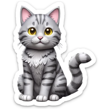 cinematic-[grey tabby cat]-realistic-full-body-sitting-emoji,-tail-curled-playfully-around-its-paws,-head-tilted-dramatically,-scruffy-[grey]-fur,-simplified-yet-realistic-focused-features,-highly-detailed,-glowing-with-an-almost-sarcastic-glow sticker