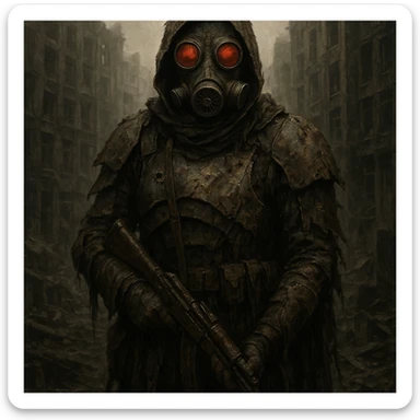 post apocalyptic soldier in tattered armor, gas mask with red lenses, urban ruins background sticker