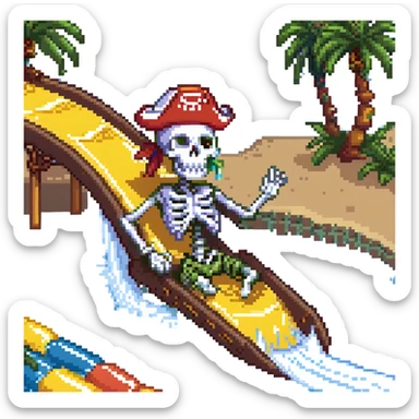 Make the pirate a skeleton pirate, keep the pixel art style, on a water slide, energetic and fun. sticker