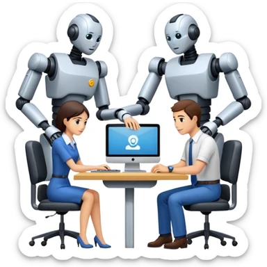 Digital Labour as an example of Agents at work in a workplace setting. I want to see a traditional office worker and a support co worker that is an AI Agent [Not a Robot]. sticker