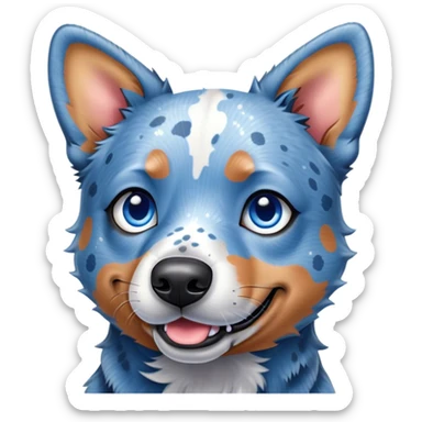 Cinematic Cute Blue Speckle Australian Cattle Dog Portrait Emoji, Head tilted playfully and inquisitively, featuring a vibrant blue speckle Fur with dynamic patterns, round, sparkling blue eyes filled with curiosity, Simplified yet irresistibly adorable features, highly detailed, glowing with a warm, friendly glow, high shine, affectionate and energetic, stylized with a touch of whimsy, bright and endearing, soft glowing outline, capturing the essence of a mischievous yet loving pup, so playful it feels like it could bound out of the screen and into your arms! sticker