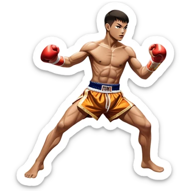 Muay Thai traditional – Cinematic Realistic Traditional Muay Thai Fighter, depicted in authentic Muay Thai attire with arm bands and shorts, poised in a dynamic fighting stance in a traditional Thai stadium, rendered with vivid textures and dramatic, high-contrast lighting that accentuates the art’s intensity. sticker