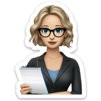 Realistic Photo of Brunette Jennifer Lawrence wearing black glasses and blue eyes holding notepad and pen sticker