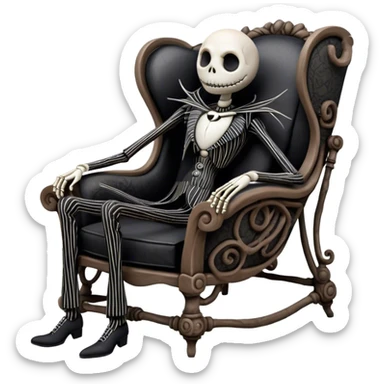 Cinematic 3D ultra realistic 32K HD image of Jack skellington reclining in a boney chair, stunning detail as though captured in a timeless photograph, rich textures, visually rich, so lifelike that it feels like it could leap off the page at any moment sticker