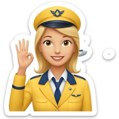 stewardess and airplane behind the stewardess yellow with hand salute sticker