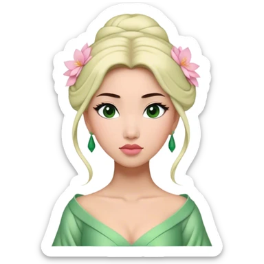 Cinematic Elegant Mulan Portrait Emoji, Dressed in her delicate green matchmaker gown, soft pink makeup, hair pinned perfectly, looking wistful yet radiant, eyes reflecting the depth of her spirit, capturing both her beauty and inner strength! sticker