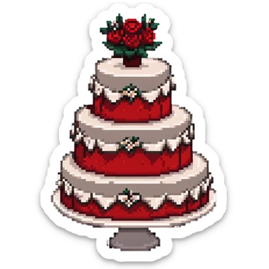 Red wedding cake with white frosting details and small roses sticker