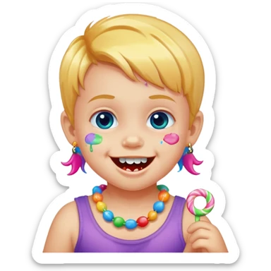 A toddler with candy necklace, grinning with colorful sugar stains on her mouth. sticker